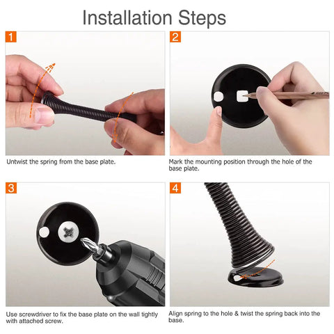Installation steps for Two Pack Premium Spring Door Stoppers In Glossy Oil Rubbed Bronze featuring Flexible Black Rubber Pads.