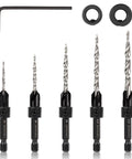 Heavy Duty Countersink Drill Bits Set Built Tough For Wood And Metal With Carbide Tips, six bits with hex shanks and tools.