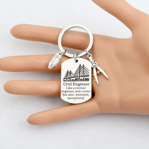 Civil Engineer Keychain Gift For Builders Funny Dog Tag Pendant Like A Normal Engineer Only Cooler Boss Level Engineer Gift For Him Or Her Construction Office Accessory displayed on hand