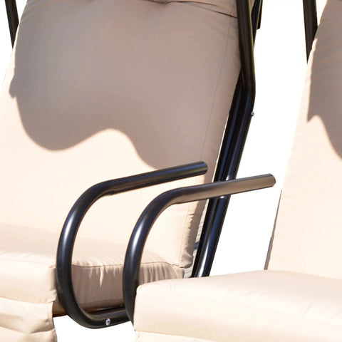 Armrests on Double Seat Outdoor Patio Swing With Removable Canopy And Cup Holders, Perfect For Porch Or Garden And Poolside Hangouts