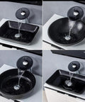 Top Tier Slick Black Rectangular Vessel Sink Built From Heavy Duty Tempered Glass With Smooth Swivel Faucet And Clean Countertop Style For Quick Bathroom Refresh Upgrades, showcasing multiple angles.
