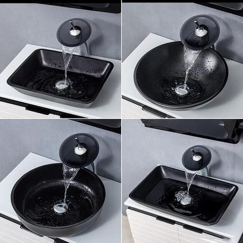 Top Tier Slick Black Rectangular Vessel Sink Built From Heavy Duty Tempered Glass With Smooth Swivel Faucet And Clean Countertop Style For Quick Bathroom Refresh Upgrades, showcasing multiple angles.
