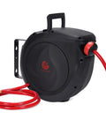 Heavy-Duty Retractable Air Hose Reel 50Ft 3/8 Inch Polymer Line with red hose and solid brass fittings for easy garage setup