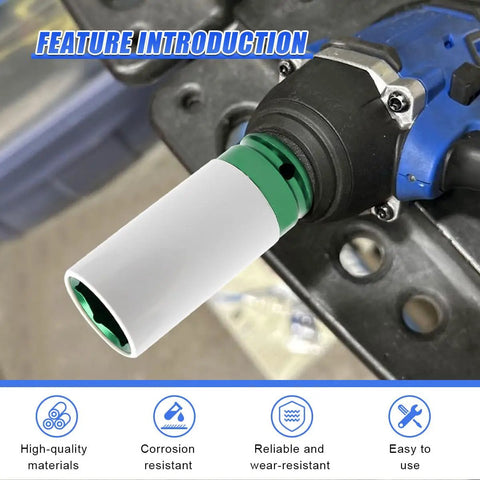 Heavy Duty Half Inch Drive 22mm Lug Nut Impact Socket With Scratch Proof Nylon Sleeve on a power tool for easy wheel removal.