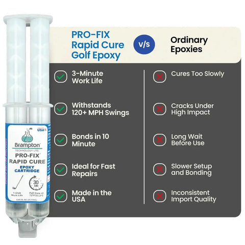 Image showing Straight Up Solid Rapid Cure Golf Club Epoxy Quick Fix Glue cartridge with comparison chart against ordinary epoxies.