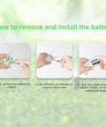 Three In One Soil Moisture Temperature And Fertility Meter showing battery installation steps with screwdriver and sealant removal.