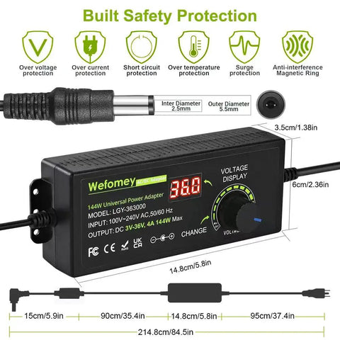Versatile Adjustable DC Power Supply 3V To 36V 4A 144W With LCD Display 14 Tip Adapters shown with safety features