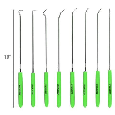 8 Piece Hook And Pick Set For Auto Repairs High Carbon Heat Treated Steel Pro Grade Mechanic Tools green handles 10 inch