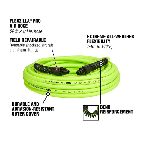 ZillaGreen coiled air hose with field repairable aluminum fittings, Workhorse One Quarter Inch Air Hose Fifty Feet Heavy Duty and Lightweight Hybrid Polymer