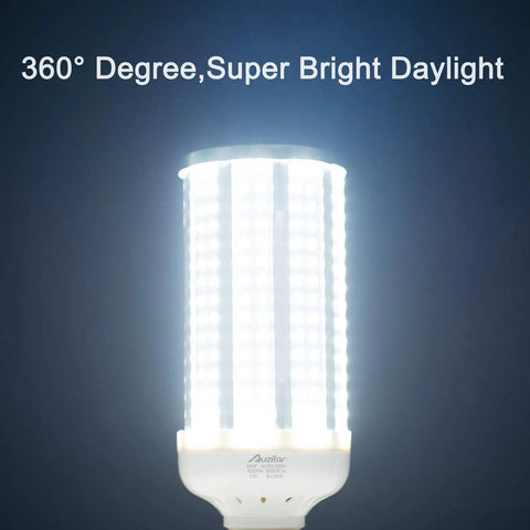 60W LED Corn Light Bulb With E39 Mogul Base, 6000 Lumens Hella Bright Cool White 6500K, illuminated against dark background