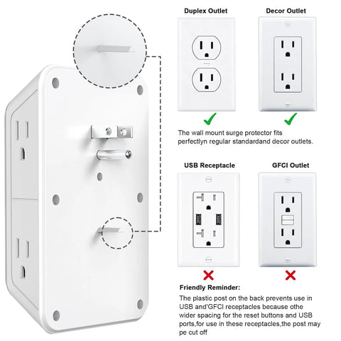 Heavy Duty 6 Outlet Splitter Surge Protector With 4 USB Ports And Dual Type C Plug, showing compatibility with duplex and decor outlet.