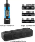 10574A 1/4 Inch Drive Torque Wrench And Screwdriver Set with 30 S2 steel bits and protective hard case shown in pieces.