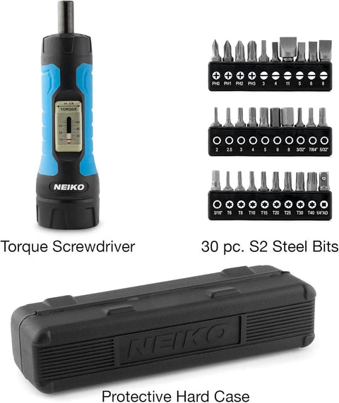10574A 1/4 Inch Drive Torque Wrench And Screwdriver Set with 30 S2 steel bits and protective hard case shown in pieces.
