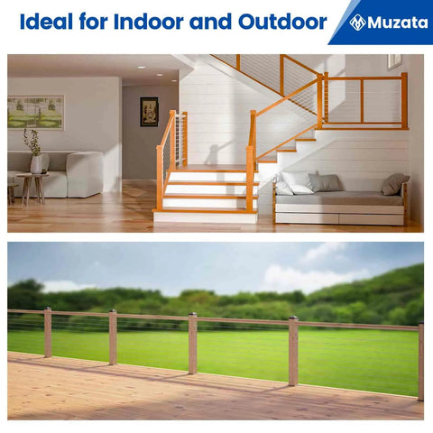 Installed view of 80 Pack One Eighth Inch Cable Railing Hardware Kit With Swage Lag Screws Left And Right Handed Threads For Wood Posts In T316 Stainless Steel Deck Cable Railing System Includes Drill Bit And Bent Wrench 40 Pairs on indoor stairs and outdoor deck.