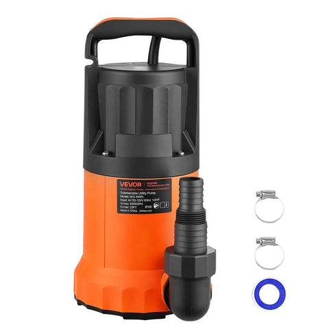 Rock Solid Submersible Water Pump 1 Horsepower 4300 Gallons Per Hour, orange pump with accessories for drainage projects.