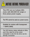 Notice about Variable Frequency Drive specifications for 3-phase 220V motors, highlighting power supply requirements and usage limits.