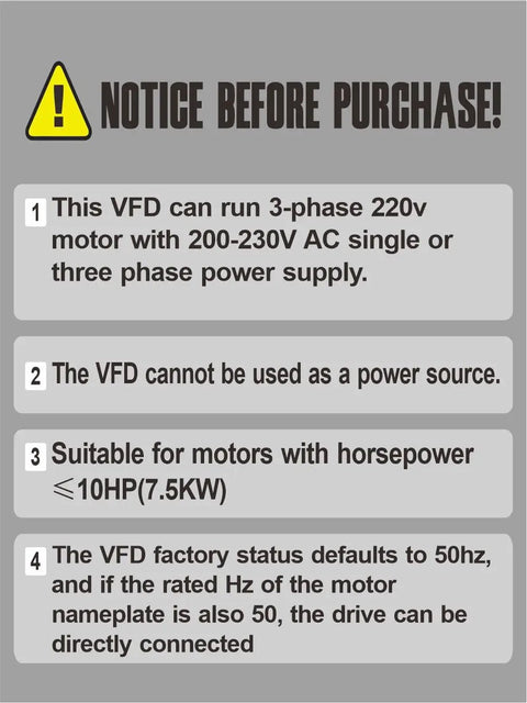 Notice about Variable Frequency Drive specifications for 3-phase 220V motors, highlighting power supply requirements and usage limits.
