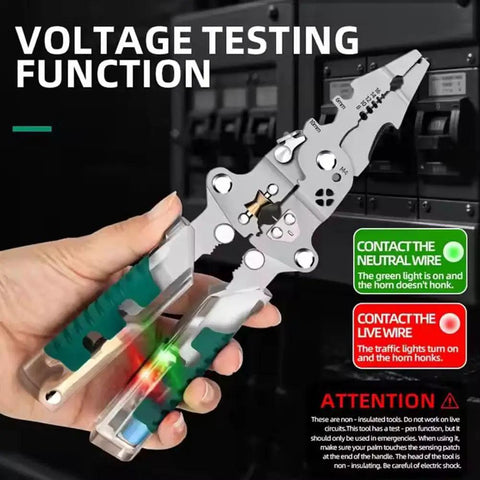8 in 1 wire stripper with voltage tester foldable multifunction pliers showcasing voltage testing function in use