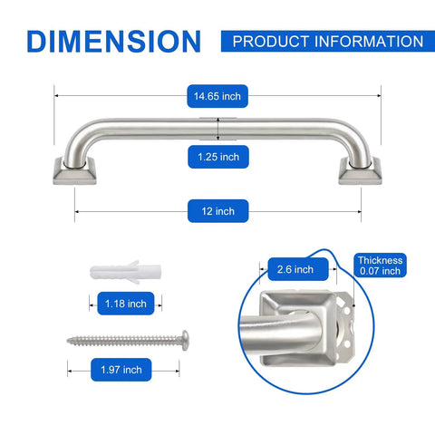 12 Inch Stainless Steel Bathroom Grab Bar Handrail For Shower And Toilet ADA Compliant Up To 500 Lbs Safe Support For Seniors