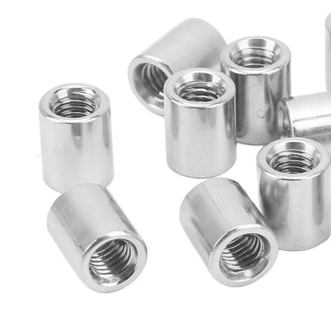 Ultimate 50-Piece M5 Threaded Coupling Nut Set Stainless Steel Round Connector Kit For Home Garage Pipe Repairs Heavy Machinery Fix It Up Fast, close-up of M5 stainless steel coupling nuts