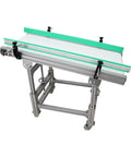 110V PU Belt Inclined Wall Conveyor With Double Baffle, 48 Inch Long Belt, 20 Inch Wide, shown on a metal frame with wheels