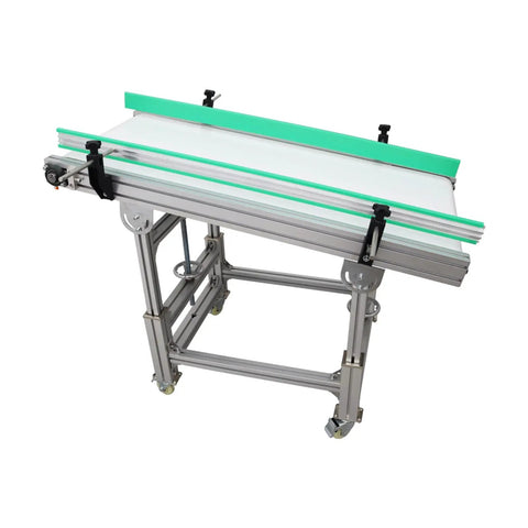 110V PU Belt Inclined Wall Conveyor With Double Baffle, 48 Inch Long Belt, 20 Inch Wide, shown on a metal frame with wheels
