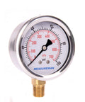 Front view of MEASUREMAN glycerin-filled pressure gauge, 2.5 in dial, 1/4 NPT, stainless steel case.