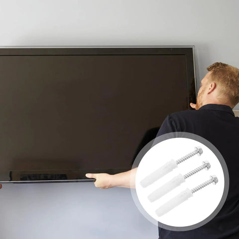 Heavy Duty TV Wall Mount Anchor Kit With Drywall Screws And Concrete Expansion Tubes For Easy Install In Drywall Brick Or Concrete Walls Heavy Duty Steel Mounting Hardware For Secure TV Mounting On Studs Or Solid Masonry. Installer mounting a flat-screen TV with steel anchors