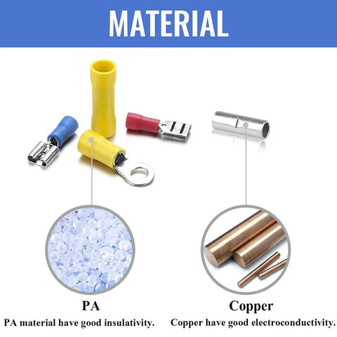 Qibaok insulated copper wire terminal kit; 1500 pcs, color-coded blue, yellow, red (ring, spade, fork, butt)