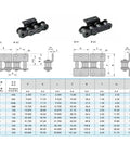 Heavy Duty Drive Roller Chain For Machine Transmission And Conveyor Drives With Single Double Hole Attachment Built Tough 40 Manganese Steel technical diagram with dimensions.