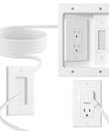 Slick In-Wall Cable Management Kit With Brush Plate For Taming Messy Wires Behind TV Screens Recessed Outlet Box and long white cord.