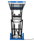 Solid 2200 Lb Capacity Double Scissor Electric Hydraulic Lift Table With Wireless Remote Control 70 Inch Height And Massive 51 X 32 Foot Platform viewed from the front showing hydraulic mechanisms.