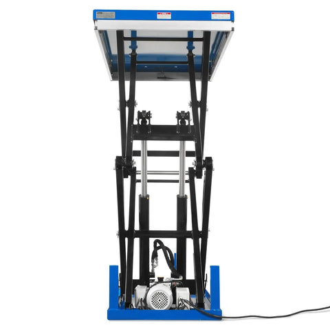 Solid 2200 Lb Capacity Double Scissor Electric Hydraulic Lift Table With Wireless Remote Control 70 Inch Height And Massive 51 X 32 Foot Platform viewed from the front showing hydraulic mechanisms.