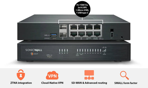 SonicWall Firewall with 8 Ethernet ports, 2 SFP, and USB connections. Badass Next Generation Firewall Rolls In At Two Point Five Gbps Loaded With One Year Total Secure Advanced Protection Bundle Delivering Zero Sweat Business Network Defense And Rock Solid Cloud Level Security.