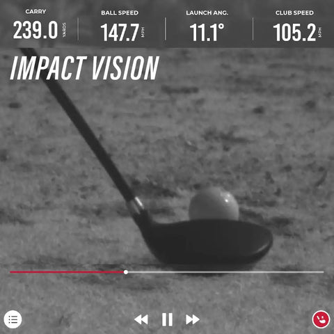 Launch Monitor Golf Simulator And Swing Trainer With Shot Tracker For Home And Driving Range displaying impact data with club and ball