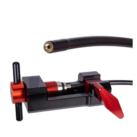 Pro Bike Hydraulic Disc Brake Tool Kit With Pneumatic Grippers, Oil Needle Install Tool shown with hose and insert press detail