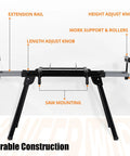 Built Tough Folding Miter Saw Stand Handles 440 Pounds Without Breaking A Sweat with adjustable height and length knobs.