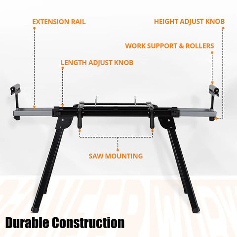 Built Tough Folding Miter Saw Stand Handles 440 Pounds Without Breaking A Sweat with adjustable height and length knobs.