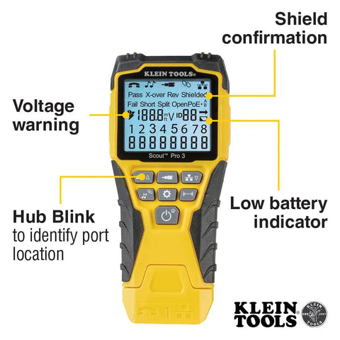 Yellow and black Versatile On The Go Cable Tester Kit With Scout Pro 3 showing LCD display and control buttons