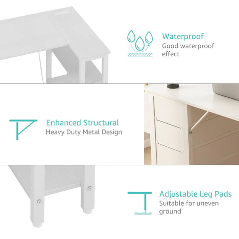 White L Shaped Desk With Drawers And Storage Shelves 47 Inch Corner Reversible Computer Desk With Built In Power Strip And USB Ports features