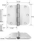 Heavy Duty 3.5 Inch Door Hinges Brushed Nickel With Five Eighths Radius, 3.5 x 3.5 Inch Interior Door Hardware, Six Hole Mount