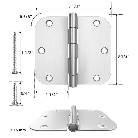 Heavy Duty 3.5 Inch Door Hinges Brushed Nickel With Five Eighths Radius, 3.5 x 3.5 Inch Interior Door Hardware, Six Hole Mount
