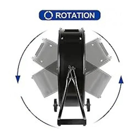Heavy Duty 24 Inch Industrial Drum Fan Pumping Out 8100 CFM High Velocity Blast At Three Speeds With 180 Degree Tilt, showing rotation capability.