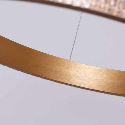 Close-up of Sleek Dope Modern Gold Circular LED Pendant Light Fixture With Adjustable Chain, stylish gold finish detail view