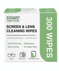 Solwst Optix lens and screen cleaning wipes box; white with green side panel 300 WIPES and icons for glasses, camera, phone.