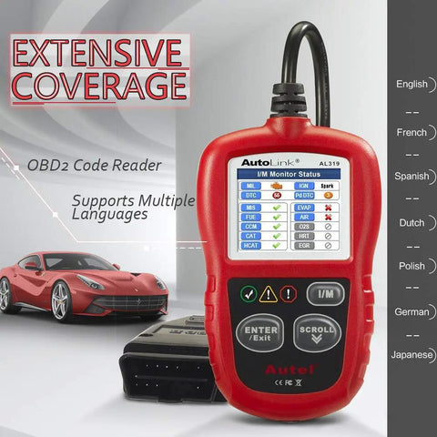 AL319 OBD2 Scanner Car Code Reader for Engine Fault Codes with multilingual display and car background