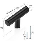 Black Cabinet Knobs Five Pack T Knobs Single Hole Two Inch Overall Length 12mm Bar Diameter with included screws