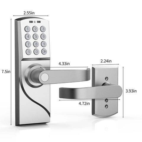 Door Lock With Keypad And Handle Smart Keyless Entry For Front Door Office And Rentals Commercial Grade Security No Fingerprint Residue Zinc Button Hidden Emergency Keyhole Right Hand Silver Finish with dimensions shown