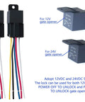 12V 24V SPDT relays for Outdoor Waterproof Magnetic Door Lock 600lbs; shows wires and relay details for gate opener systems