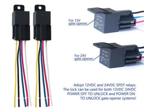 12V 24V SPDT relays for Outdoor Waterproof Magnetic Door Lock 600lbs; shows wires and relay details for gate opener systems